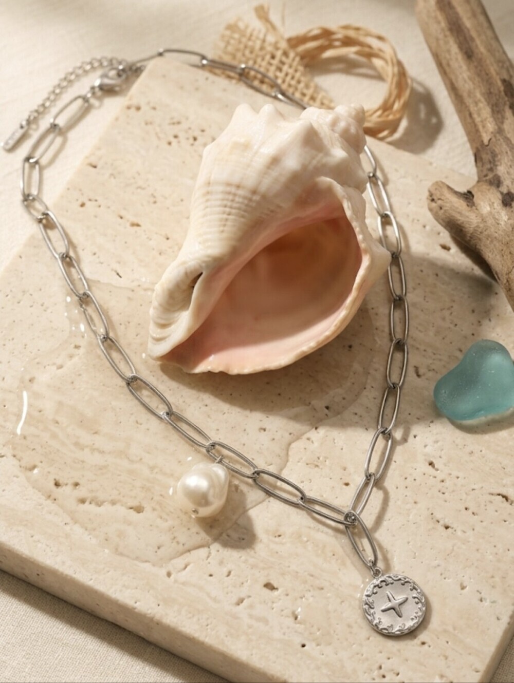 Silver Stainless Steel Coastal Paperclip Lariat Faux Baroque Pearl Coin Charm